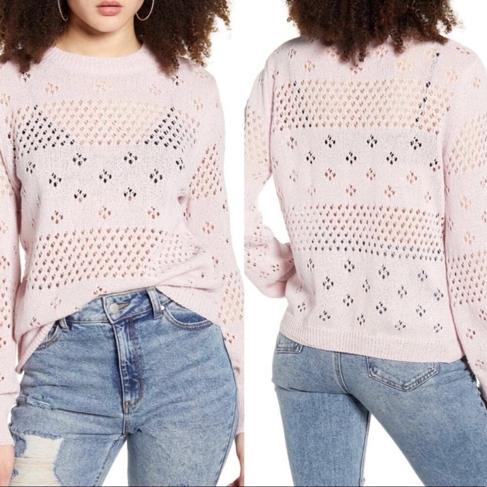NWOT ASTR THE LABEL Sweater Belle Pointelle Pink Lavender Perforated Floral Med